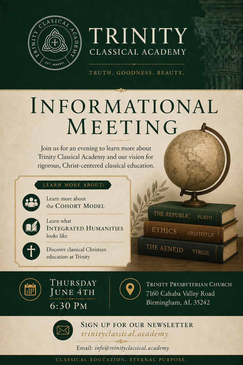 Trinity Classical Academy informational meeting flyer for Thursday, June 4, 2026 at 6:30 PM at Trinity Presbyterian Church.